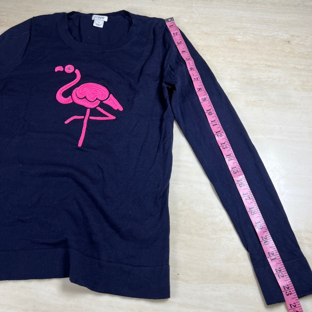 J. Crew Navy Blue Long Sleeve Pink Flamingo Graphic Knit Sweater Top XS - Picture 9 of 11